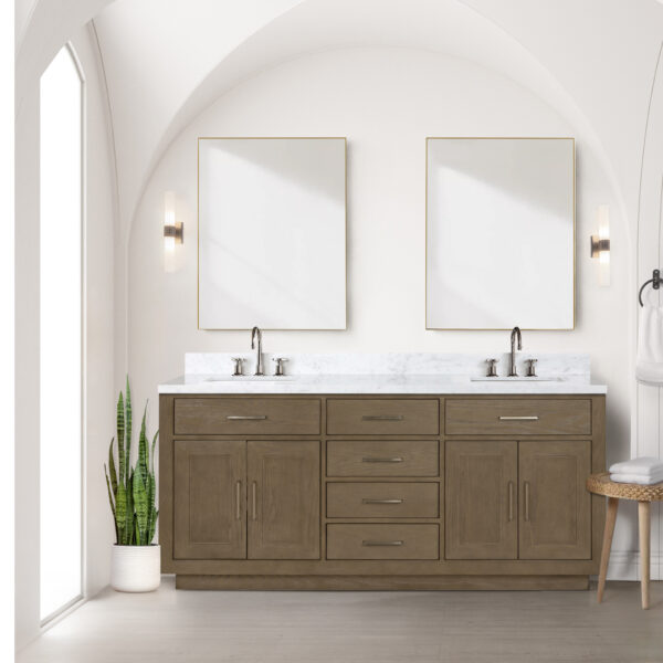 Abbey 72W x 22D Grey Oak Double Bath Vanity and Carrara Marble Top