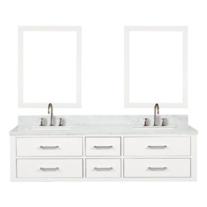 Castor 72W x 22D White Double Bath Vanity, Carrara Marble Top, Faucet Set, and 34Mirrors