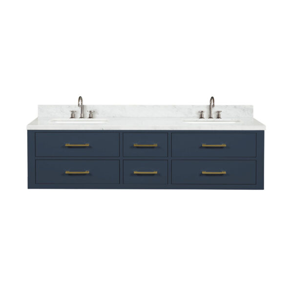 Castor 72W x 22D Blue Double Bath Vanity, Carrara Marble Top, and Faucet Set
