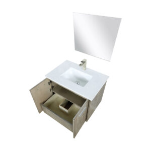 Fairbanks 30W x 20D Rustic Acacia Bath Vanity, Cultured Marble Top, Brushed Nickel Faucet Set and 28Mirror