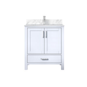 Jacques 30 in. W x 22 in. D White Bath Vanity, Carrara Marble Top, and Faucet Set