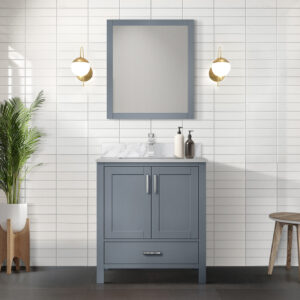 Jacques 30 in. W x 22 in. D Dark Grey Bath Vanity, Carrara Marble Top, and Faucet Set