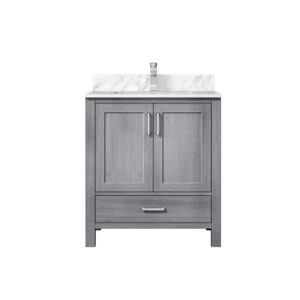 Jacques 30 in. W x 22 in. D Distressed Grey Bath Vanity, Carrara Marble Top, and Faucet Set