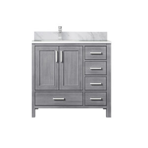 Jacques 36 in. W x 22 in. D Left Offset Distressed Grey Bath Vanity, Carrara Marble Top, and Faucet Set