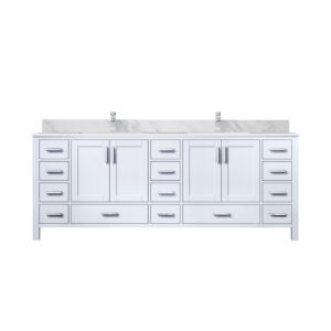 Jacques 84 in. W x 22 in. D White Double Bath Vanity, Carrara Marble Top, and Faucet Set