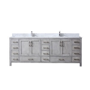 Jacques 84 in. W x 22 in. D Distressed Grey Double Bath Vanity, Carrara Marble Top, and Faucet Set