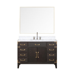 Laurel 48W x 22D Brown Oak Single Bath Vanity, Carrara Marble Top, Faucet Set, and 46Mirror