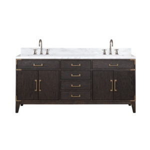 Laurel 72W x 22D Brown Oak Double Bath Vanity, Carrara Marble Top, and Faucet Set