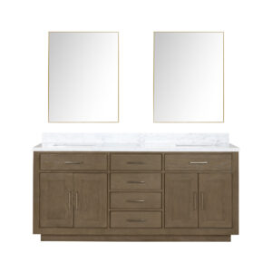 Abbey 72W x 22D Grey Oak Double Bath Vanity, Carrara Marble Top, and 34Mirrors