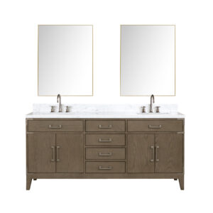 Laurel 72W x 22D Grey Oak Double Bath Vanity, Carrara Marble Top, Faucet Set, and 34Mirrors