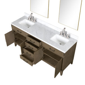 Laurel 72W x 22D Grey Oak Double Bath Vanity, Carrara Marble Top, Faucet Set, and 34Mirrors