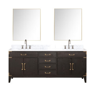 Laurel 80W x 22D Brown Oak Double Bath Vanity, Carrara Marble Top, Faucet Set, and 36Mirrors