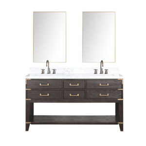 Norwalk 60W x 22D Brown Oak Double Bath Vanity, Carrara Marble Top, Faucet Set, and 28Mirrors