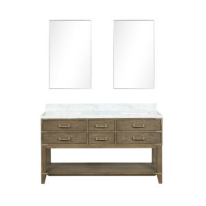 Norwalk 60W x 22D Grey Oak Double Bath Vanity, Carrara Marble Top, and 28Mirrors