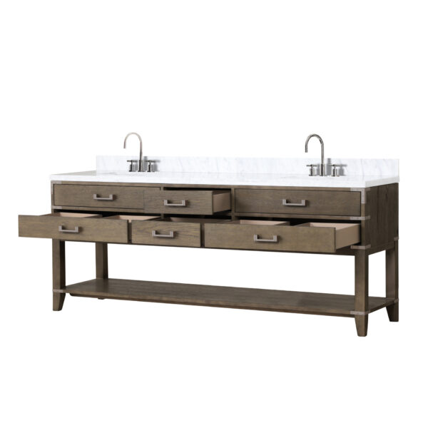 Norwalk 84W x 22D Grey Oak Double Bath Vanity, Carrara Marble Top, and Faucet Set