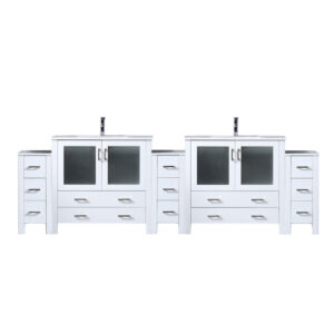 Volez 108W x 18.25D White Double Bath Vanity with Side Cabinets, White Ceramic Top, and Faucet Set