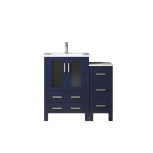 Volez 36W x 18.25D Navy Blue Single Bath Vanity with Side Cabinet, White Ceramic Top, and Faucet Set