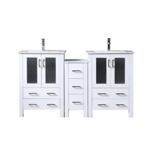 Volez 60W x 18.25D White Double Bath Vanity with Side Cabinet, White Ceramic Top, and Faucet Set