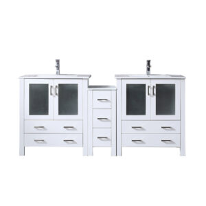 Volez 72W x 18.25D White Double Bath Vanity with Side Cabinet, White Ceramic Top, and Faucet Set