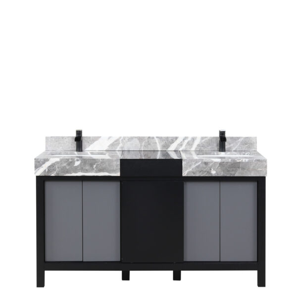 Zilara 60W x 22D Black and Grey Double Bath Vanity, Castle Grey Marble Top and Matte Black Faucet Set