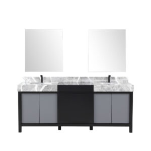 Zilara 80W x 22D Black and Grey Double Bath Vanity, Castle Grey Marble Top, Gun Metal Faucet Set and 30Mirrors