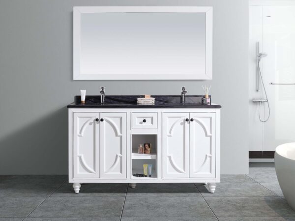 Laviva Odyssey 60" White Double Sink Bathroom Vanity with Black Wood Marble Countertop