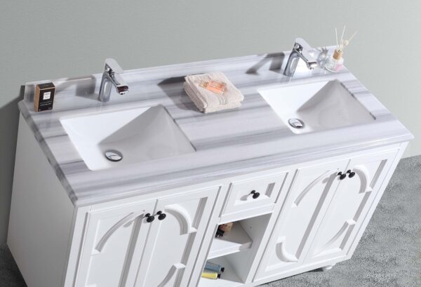 Laviva Odyssey 60" White Double Sink Bathroom Vanity with White Stripes Marble Countertop