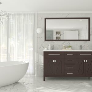 Laviva Wimbledon 60" Brown Double Sink Bathroom Vanity with Matte White VIVA Stone Solid Surface Countertop