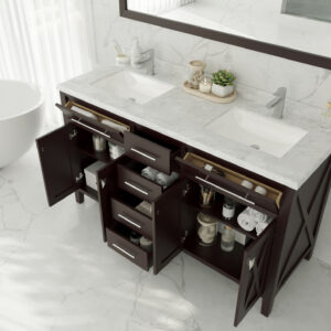 Laviva Wimbledon 60" Brown Double Sink Bathroom Vanity with Matte White VIVA Stone Solid Surface Countertop