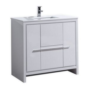 Kubebath AD636GW Dolce 36 Inch High Gloss White Modern Bathroom Vanity with White Quartz Counter-Top