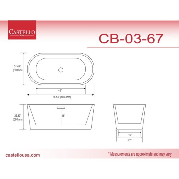 Castello USA CB-03-67 Scarlett 66 1/2 Inch Freestanding Tub with Drainer and Overflow