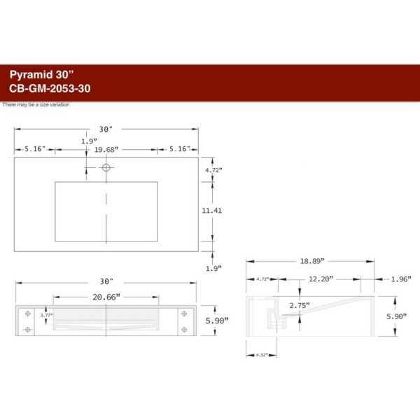 Castello USA CB-GM-2053-30 Pyramid 30 Inch Wall Mounted Counter Top Vessel Bathroom Sink