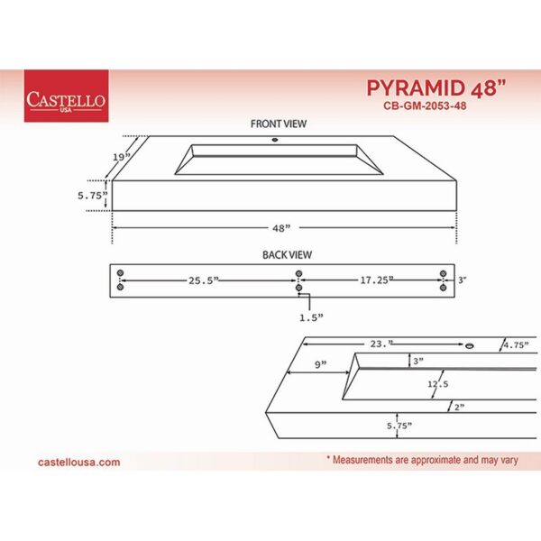 Castello USA CB-GM-2053-48 Pyramid 48 Inch Wall Mounted Counter Top Vessel Bathroom Sink