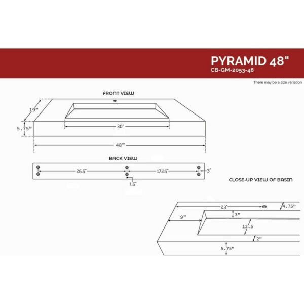 Castello USA CB-GM-2053-48 Pyramid 48 Inch Wall Mounted Counter Top Vessel Bathroom Sink