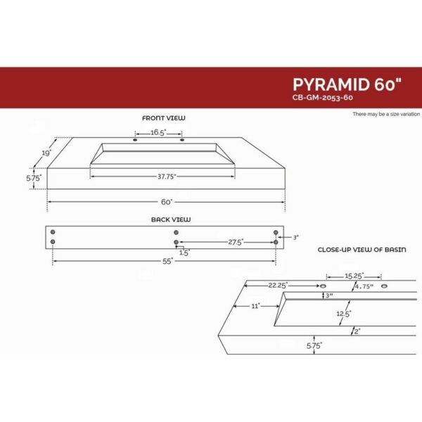 Castello USA CB-GM-2053-60 Pyramid 60 Inch Wall Mounted Counter Top Vessel Bathroom Sink