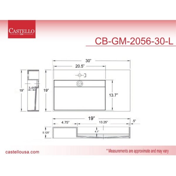 Castello USA CB-GM-2056-30-L Juniper 30 Inch Left Wall Mounted Vessel Bathroom Sink