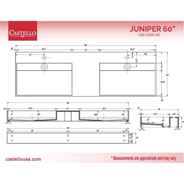 Castello USA CB-GM-2056-60 Juniper 60 Inch Wall Mounted Vessel Double Bathroom Sink