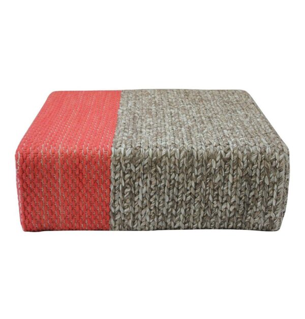 GFURN Ira - Handmade Wool Braided Square Pouf | Natural/Living Coral | 90x90x30cm
