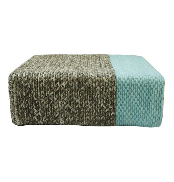 GFURN Ira - Handmade Wool Braided Square Pouf | Natural/Pastel Turquoise | 90x90x30cm