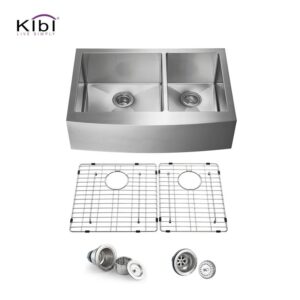 KIBI USA K1-DF33 33 Inch Handcrafted Farmhouse Apron Double Bowl Real 16 Gauge Stainless Steel Kitchen Sink with Strainer and Grid