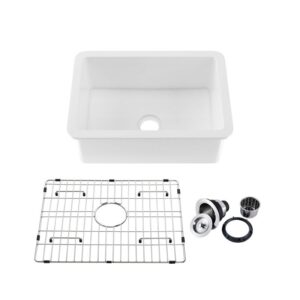 KIBI USA K2-S27 Landis 26 3/4 Inch Fireclay Farmhouse Undermount Kitchen Sink with Bottom Grid and Strainer - White