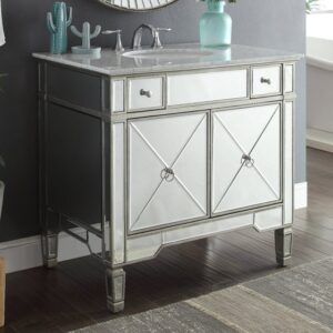 Chans Furniture YR-023RA-36 Ashlyn 36 Inch Silver Mirrored Bathroom Sink Vanity, Carrera Marble Countertop