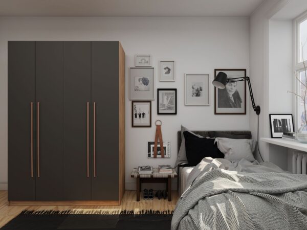 Manhattan Comfort Gramercy Modern 2-Section Freestanding Wardrobe Armoire Closet in Nature and Textured Grey