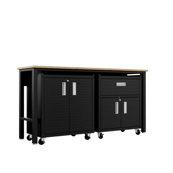 Manhattan Comfort 3-Piece Fortress Mobile Space-Saving Steel Garage Cabinet and Worktable 2.0 in Charcoal Grey