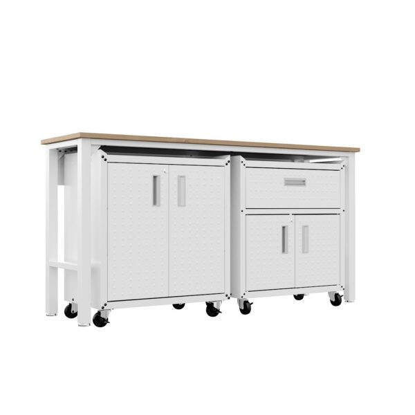 Manhattan Comfort 3-Piece Fortress Mobile Space-Saving Steel Garage Cabinet and Worktable 2.0 in White