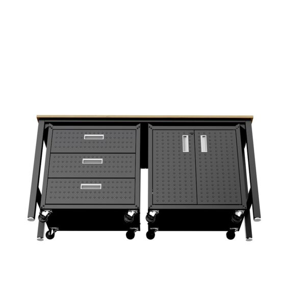 Manhattan Comfort 3-Piece Fortress Mobile Space-Saving Steel Garage Cabinet and Worktable 3.0 in Charcoal Grey