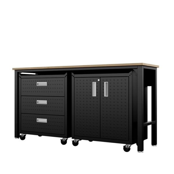 Manhattan Comfort 3-Piece Fortress Mobile Space-Saving Steel Garage Cabinet and Worktable 3.0 in Charcoal Grey
