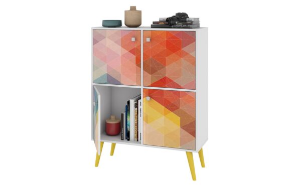 Manhattan Comfort Avesta 45.28 Mid-Century Modern High Double Cabinet with Funky Colorful Design and Solid Wood Legs in White, Color Stamp and Yellow