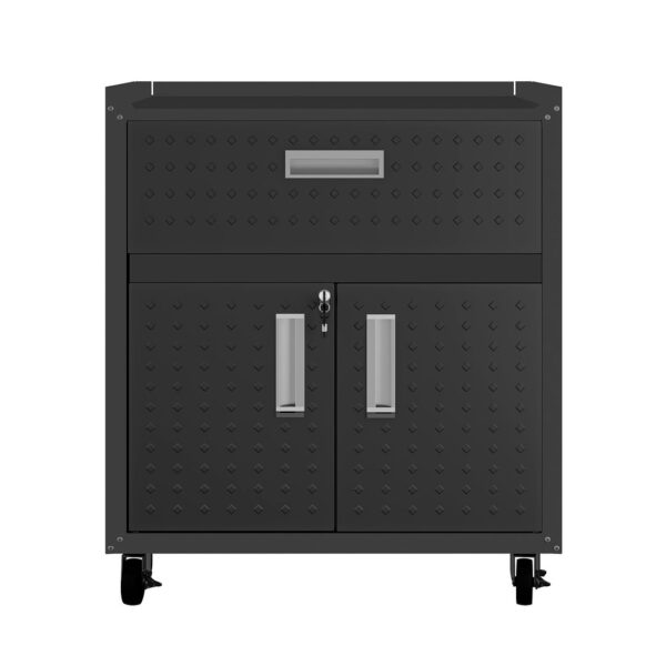 Manhattan Comfort 3-Piece Fortress Mobile Space-Saving Steel Garage Cabinet and Worktable 5.0 in Charcoal Grey