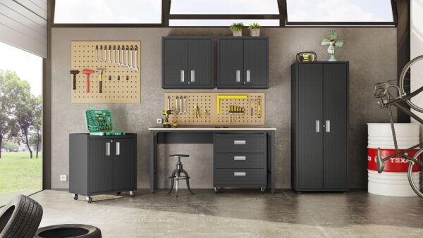 Manhattan Comfort 3-Piece Fortress Mobile Space-Saving Steel Garage Cabinet and Worktable 5.0 in Charcoal Grey